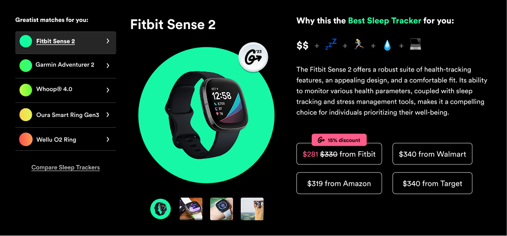 Personalized Fitbit Sense 2 product page with match criteria, product images, benefits, and retailer prices.