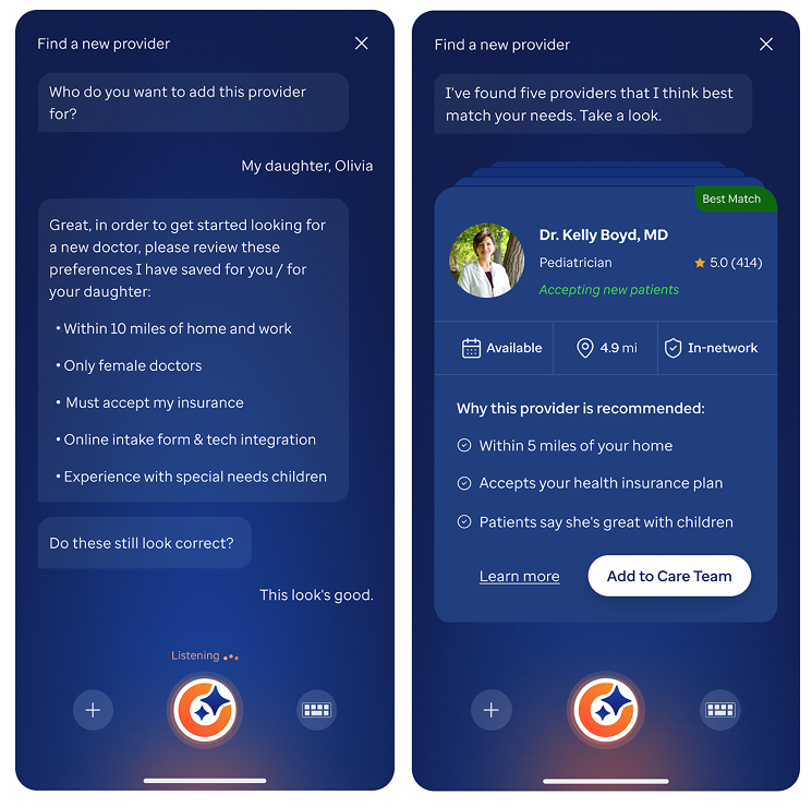 Health Assistant mobile conversation screens showing guided family-health questions and responses.
