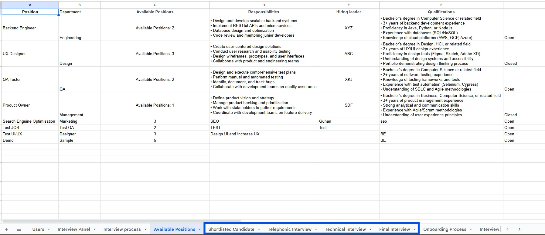 Sheets of Interview Rounds