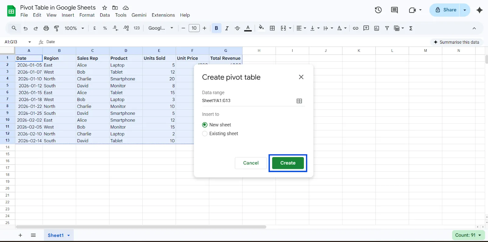 Creating Pivot Table