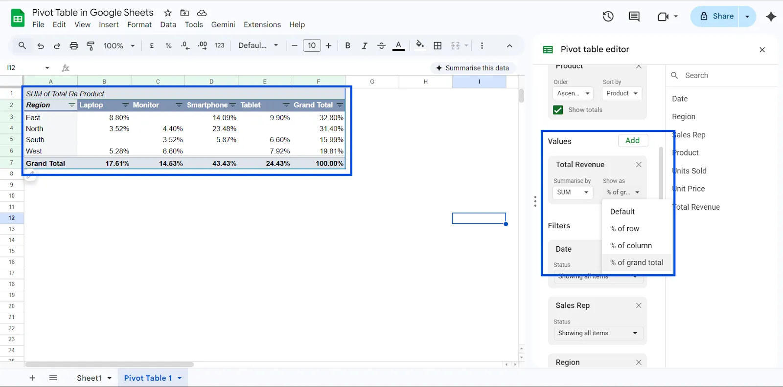 Percentage in Pivot Table