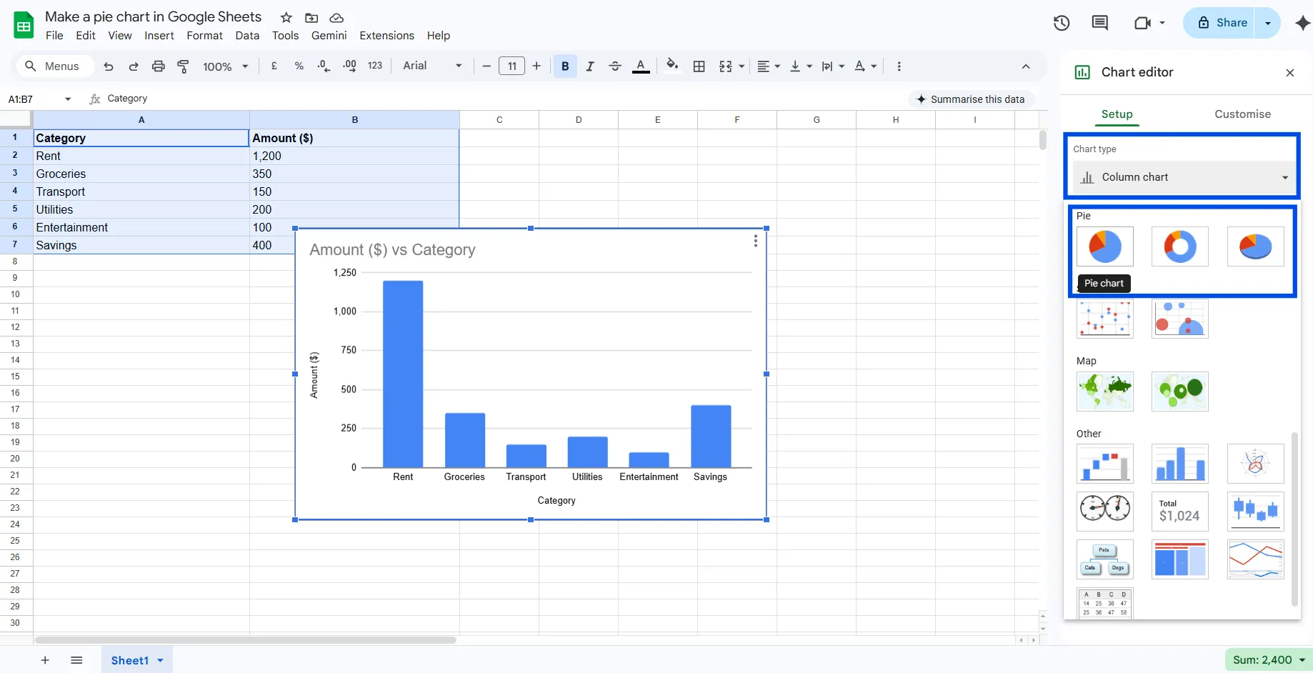 Change the Chart Type to Pie