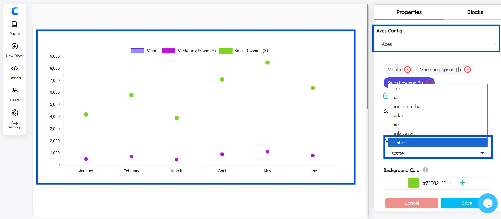 change chart type to scatter