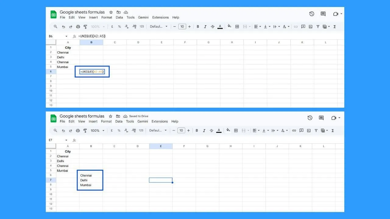 Using UNIQUE Function in Google Sheets