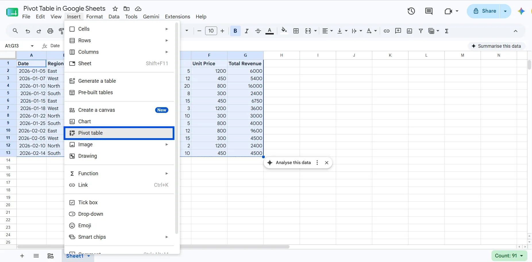 Insert Pivot Table