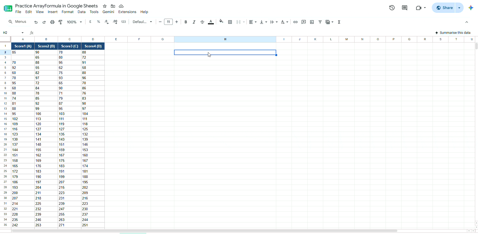 =ARRAYFORMULA(IF(A2:A100="","",A2:A100*B2:B100))