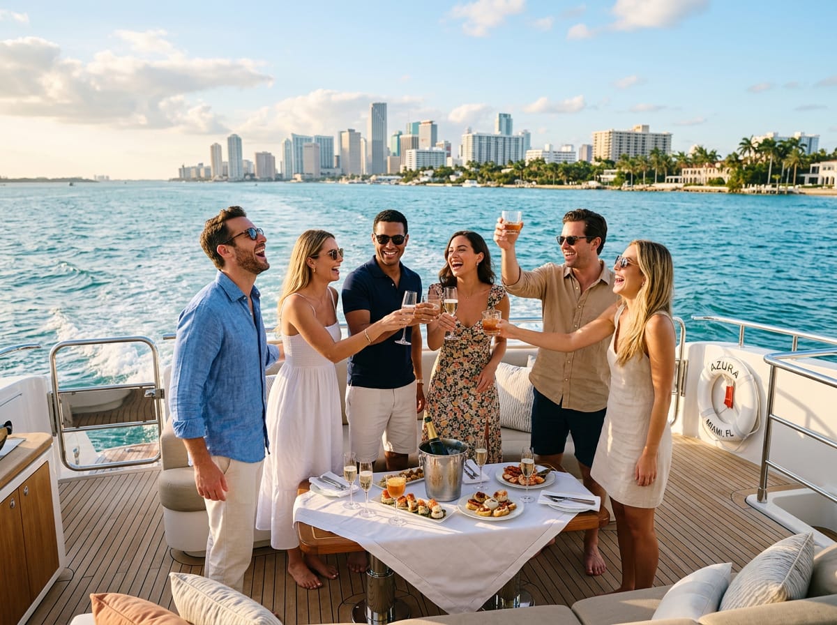 A group of friends laughing and toasting on a private yacht deck in South Florida.