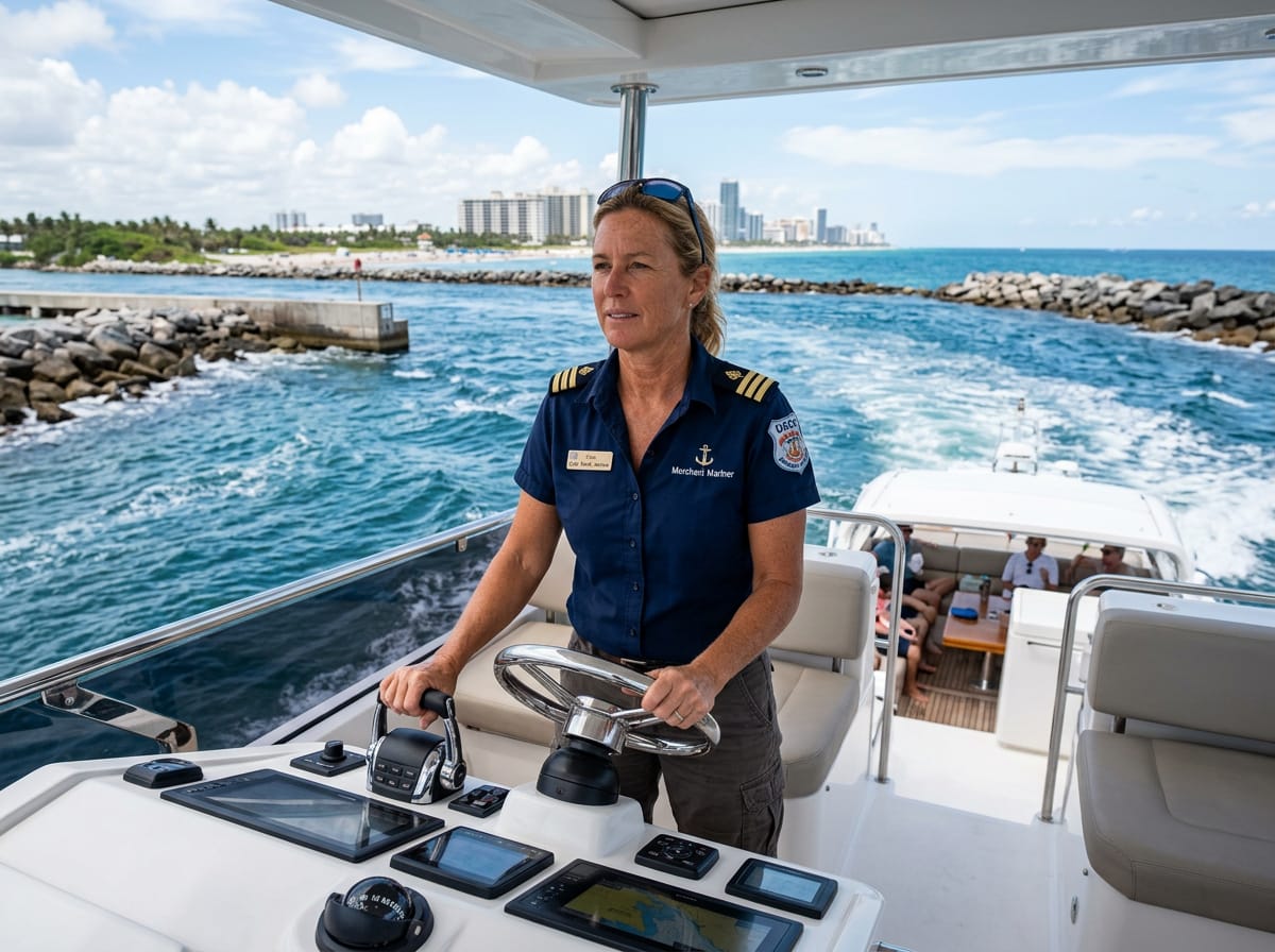 A licensed captain at the helm of a motor yacht navigating through Haulover Inlet near Miami, Florida.