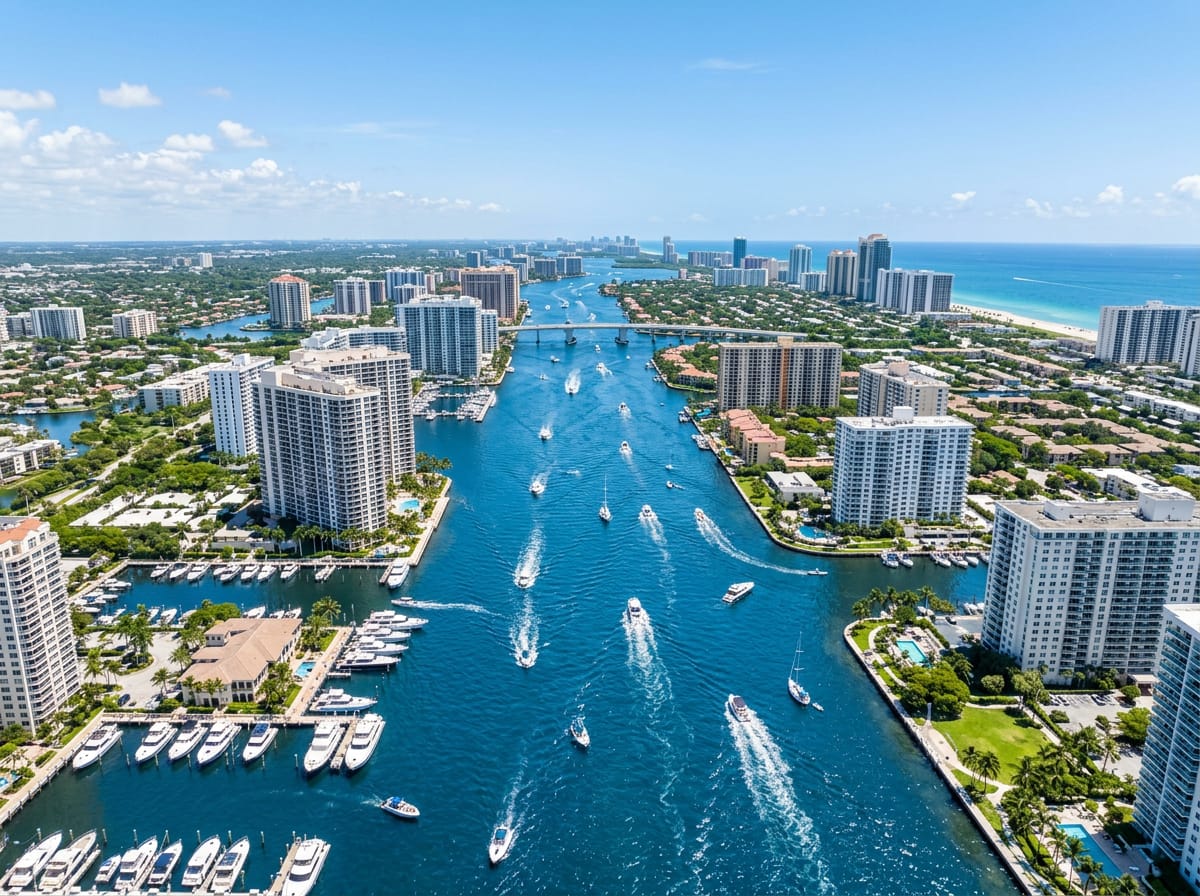 Aerial view of boats cruising the Intracoastal Waterway near Aventura, Florida on a sunny summer day.