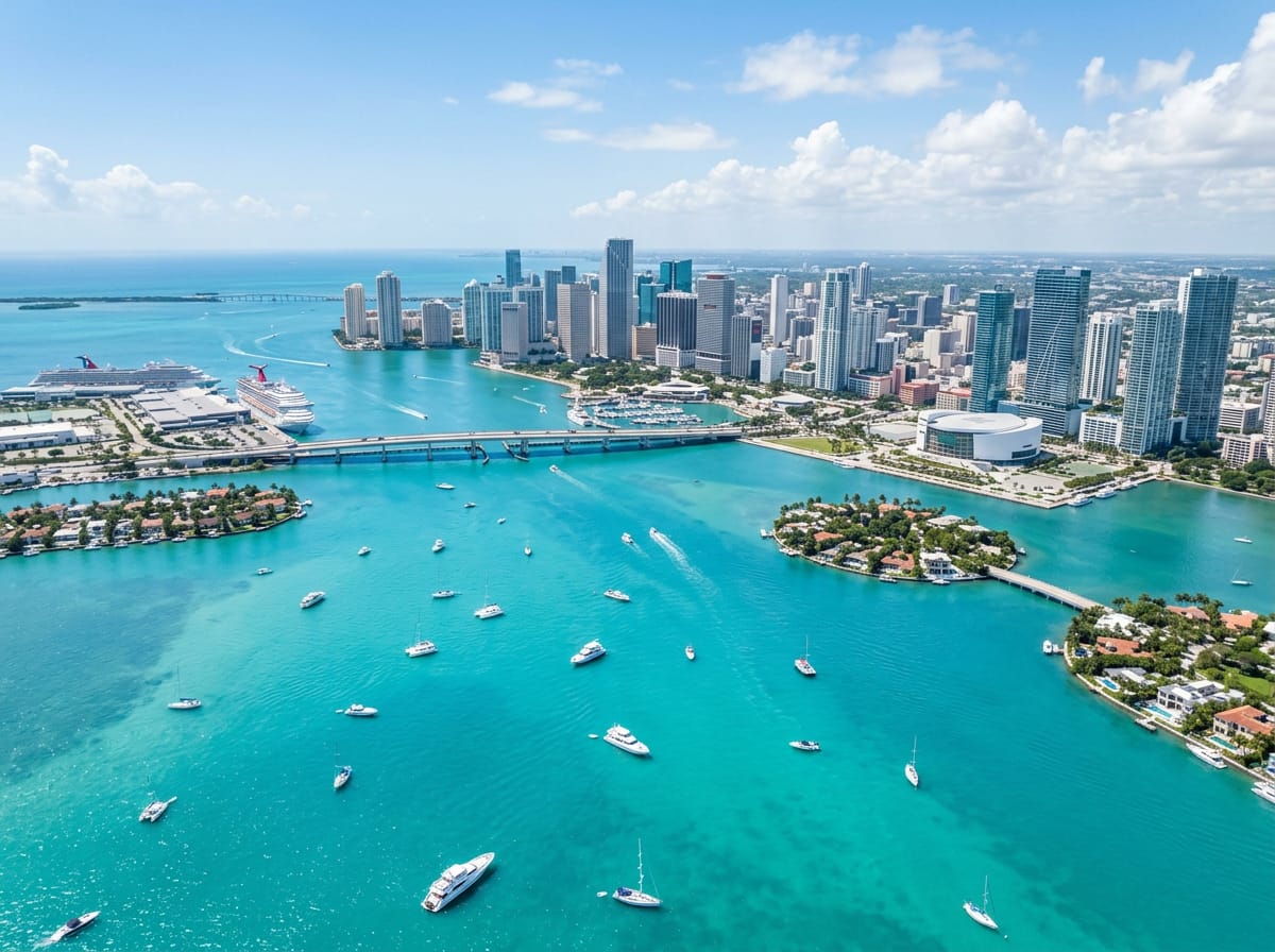 Aerial view of Biscayne Bay with Miami skyline and turquoise shallow water.