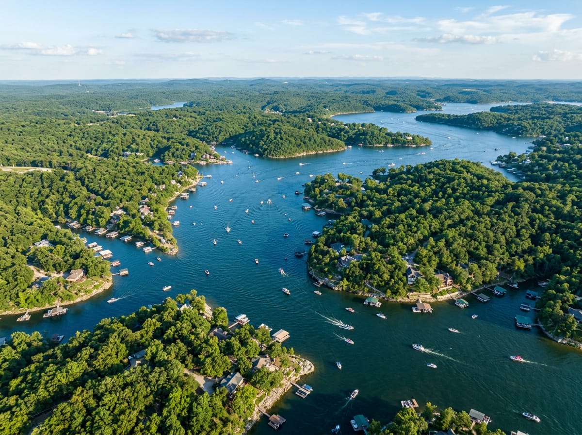 Aerial photograph of Lake of the Ozarks showing its vast, winding shoreline in summer.