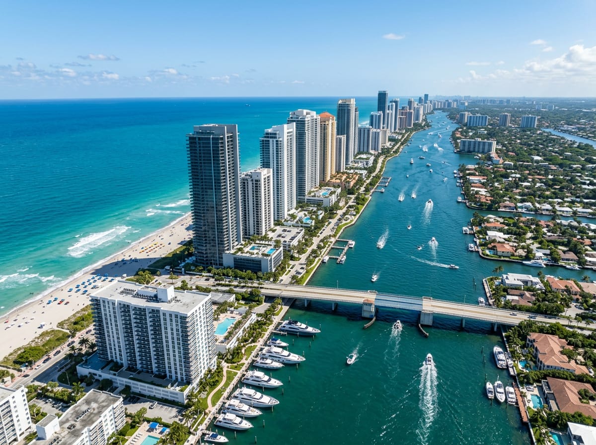 Aerial view of Sunny Isles Beach showing yachts on the Intracoastal Waterway alongside the Atlantic Ocean.