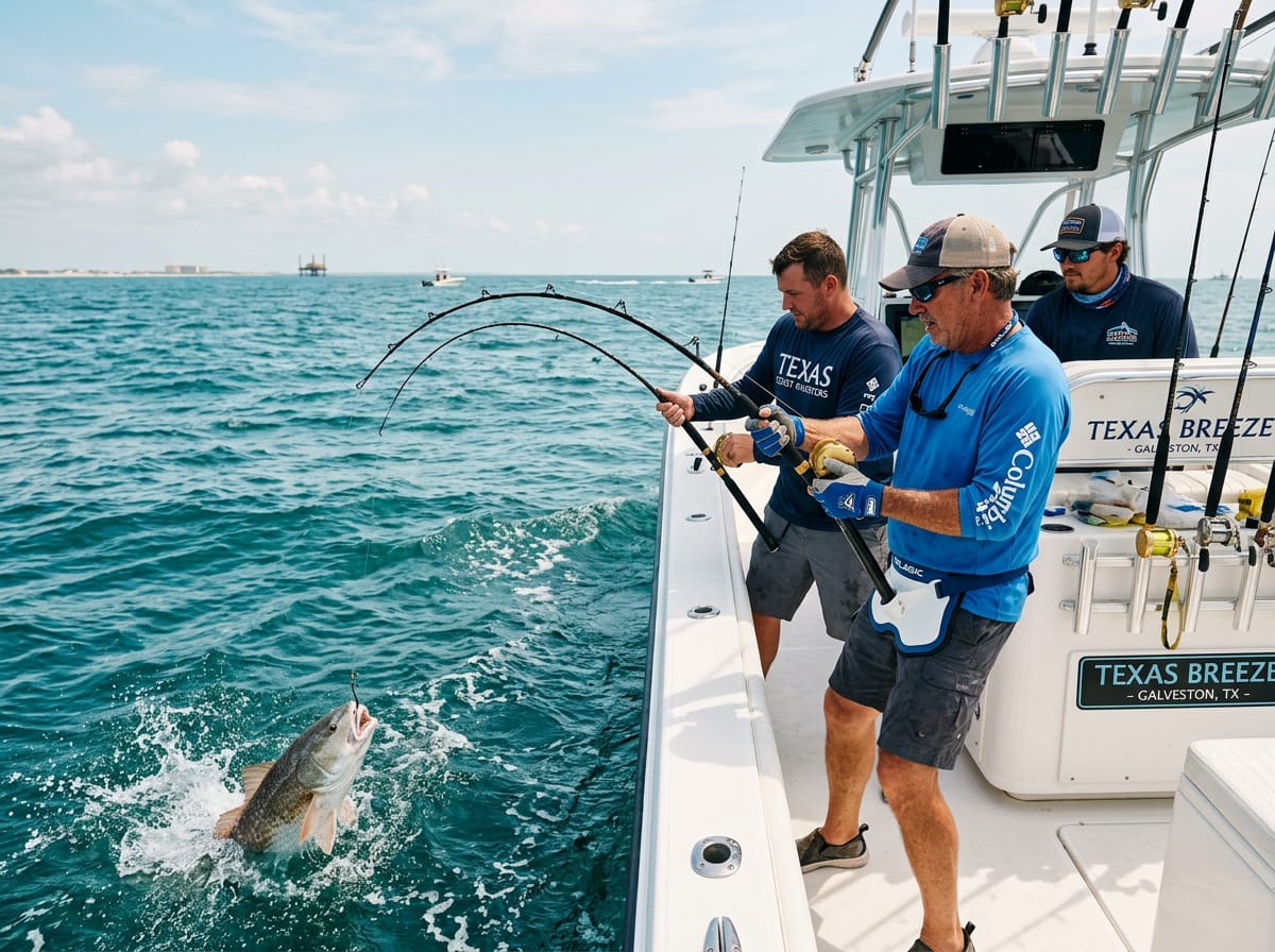 Anglers on a sport fishing charter boat reeling in fish on the Texas Gulf Coast.