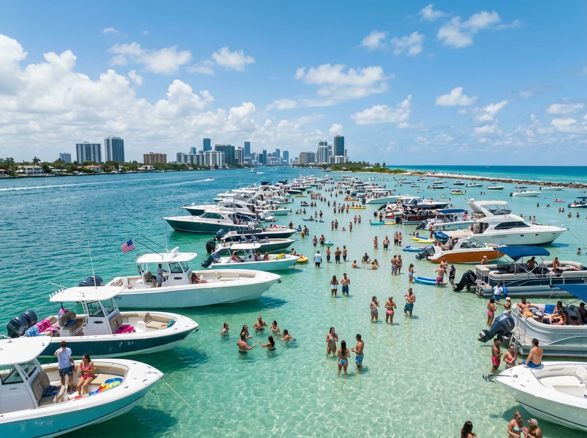 Multiple boats anchored at the Haulover Sandbar near Miami with people swimming in shallow turquoise water.