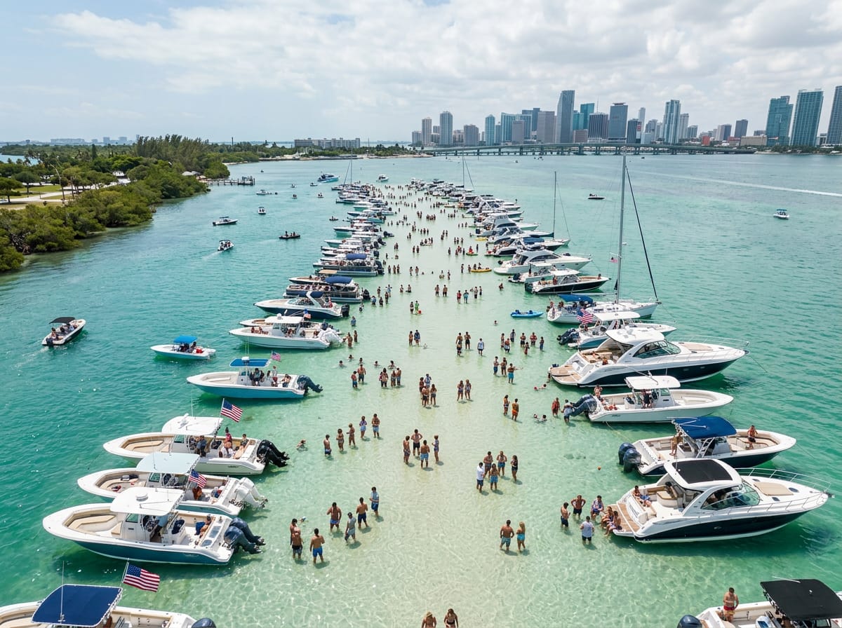 Multiple boats anchored together at a shallow sandbar in Biscayne Bay on a sunny weekend.