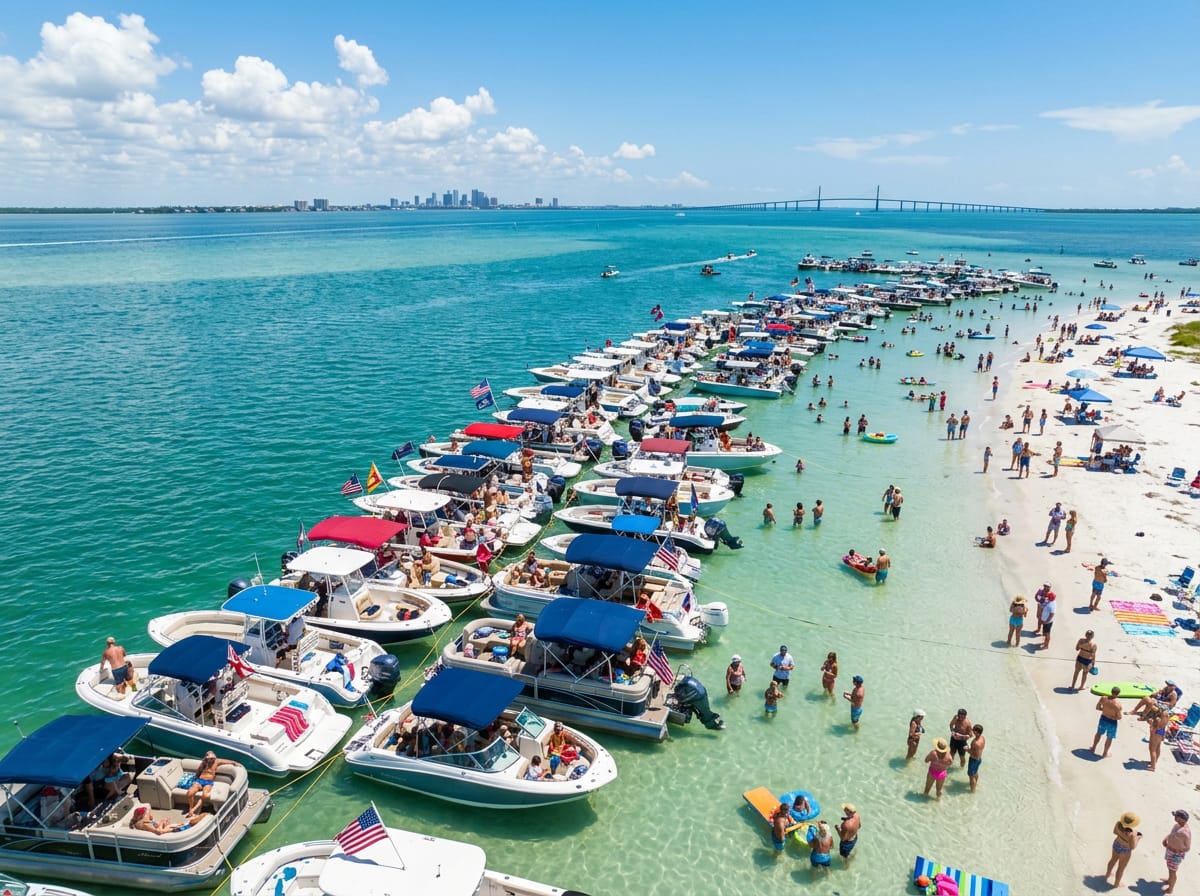 Dozens of boats anchored together at a Tampa Bay sandbar on a sunny weekend afternoon.