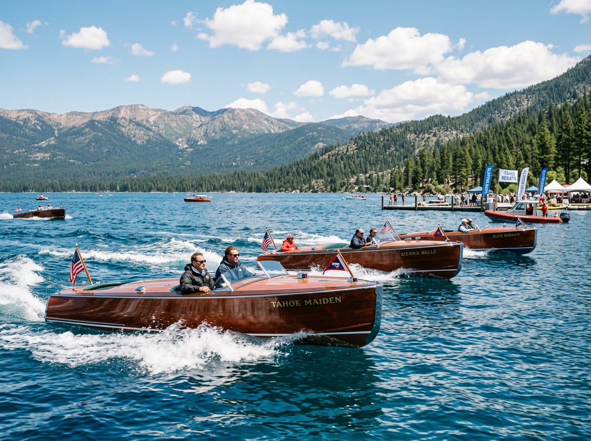 Vintage wooden boats competing in a regatta on the clear blue waters of Lake Tahoe.