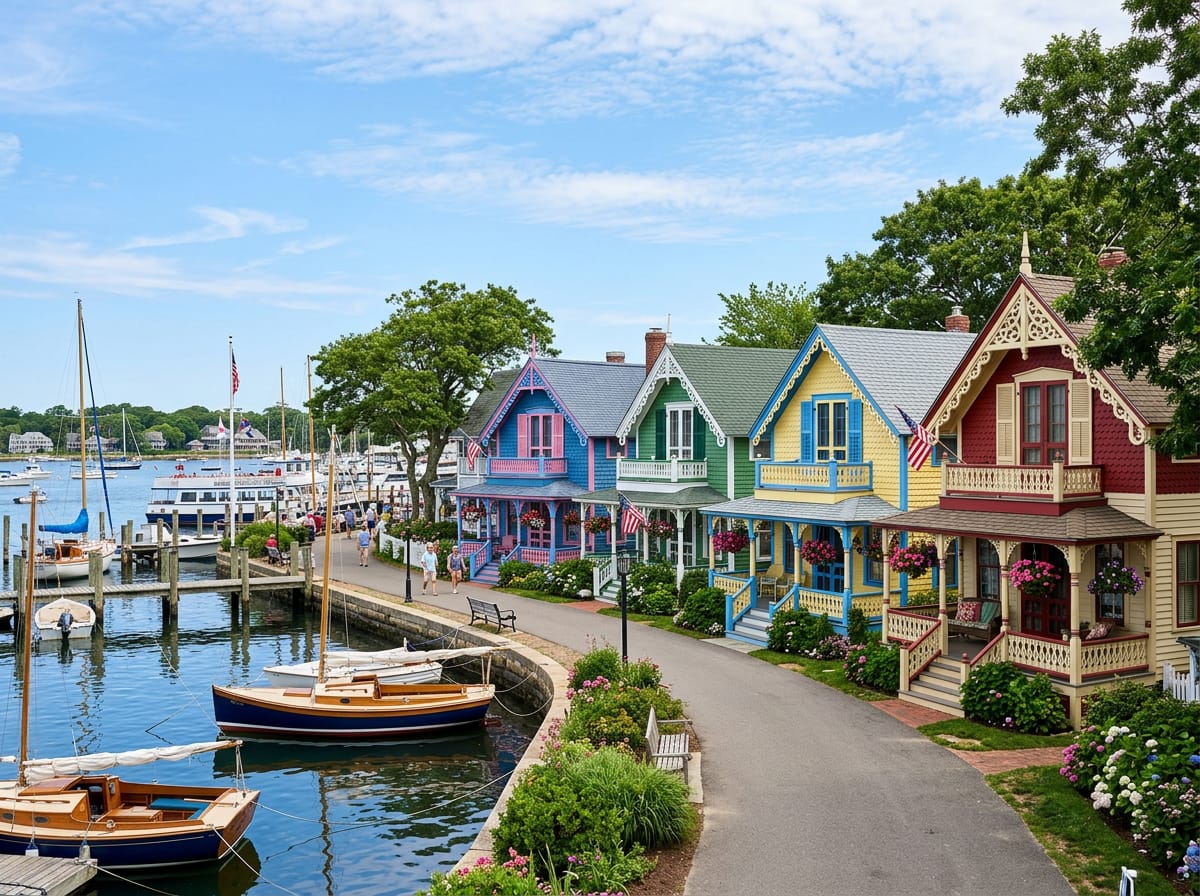 Brightly painted Victorian gingerbread cottages near the Oak Bluffs harbor on Martha's Vineyard.