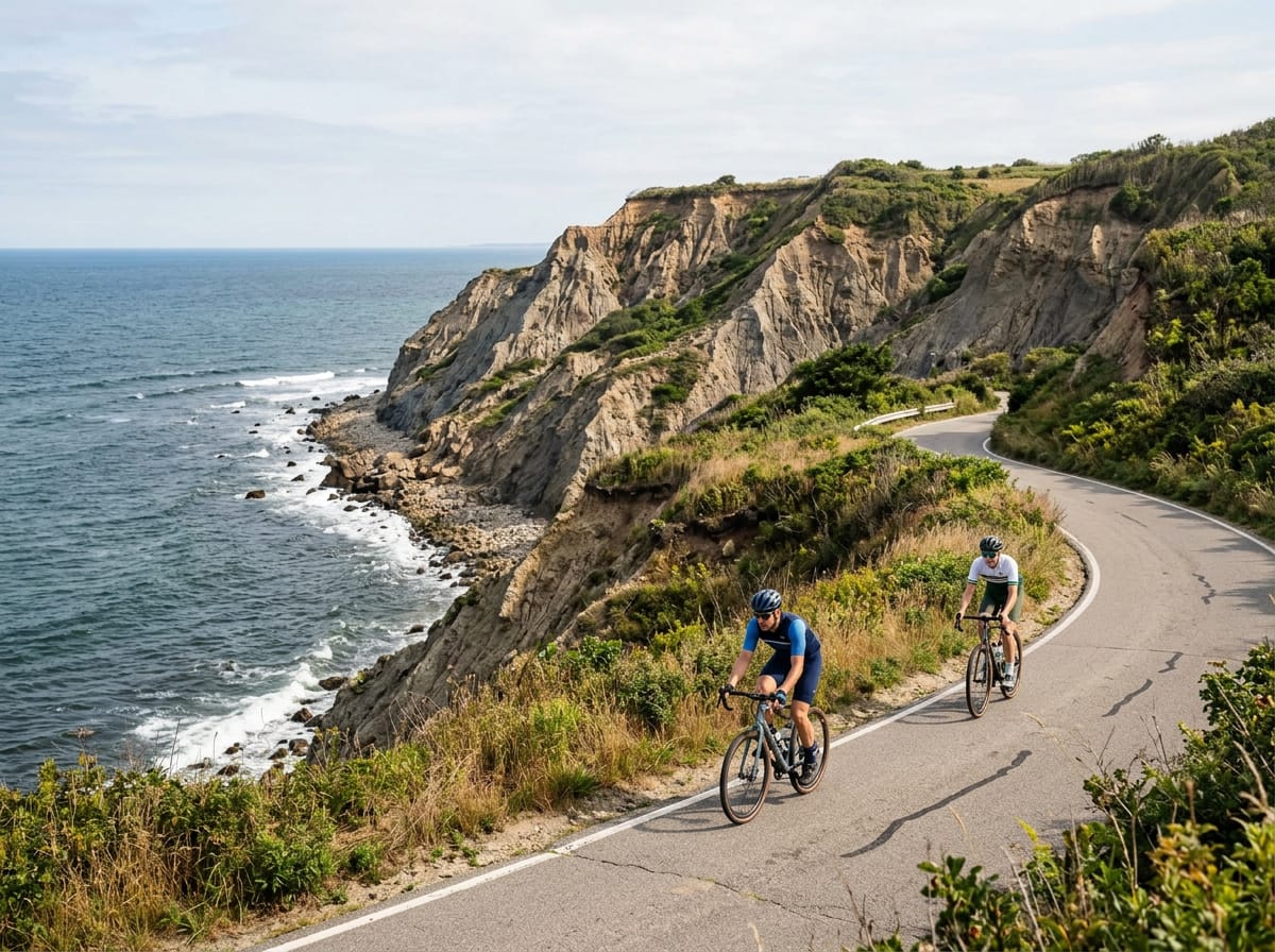 Two cyclists riding along a scenic coastal road near Mohegan Bluffs on Block Island, Rhode Island.