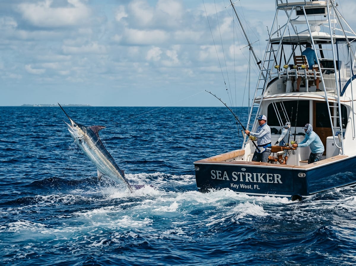 A sport fishing boat heads offshore into deep blue water near the Florida Keys in search of marlin.