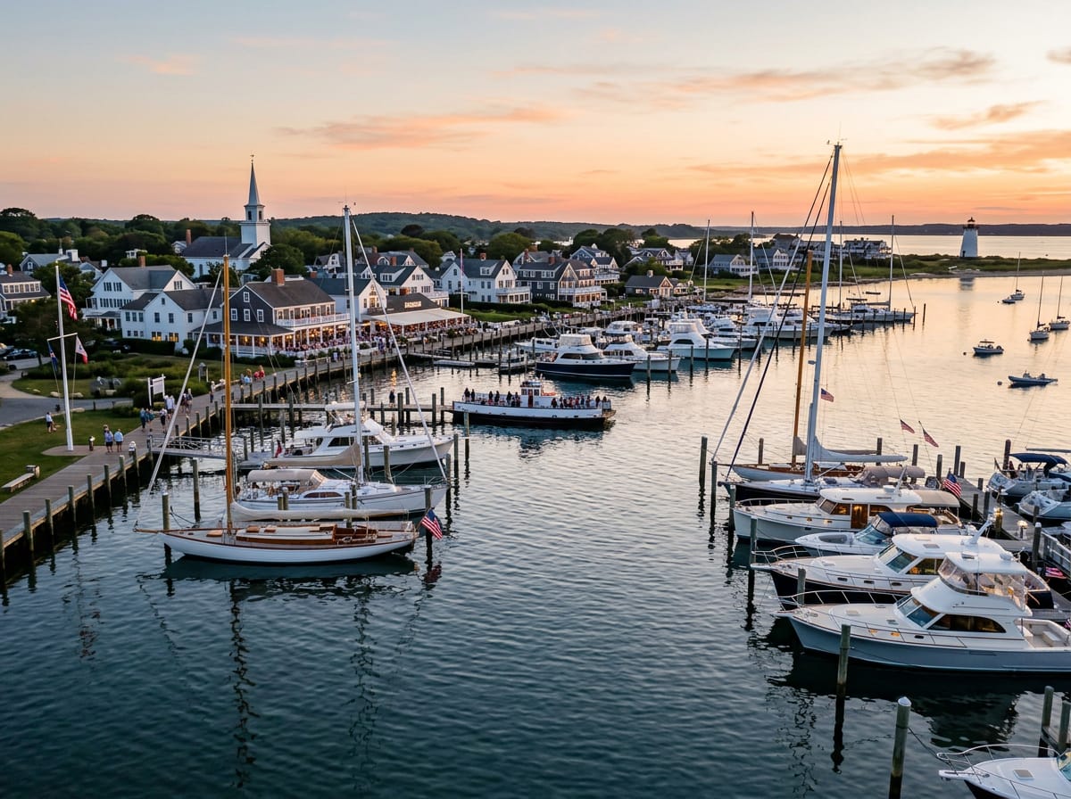 Several yachts moored in Edgartown Harbor, Martha's Vineyard, during a calm summer evening.