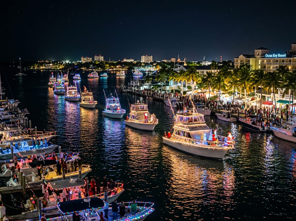 Brightly decorated boats with holiday lights parade through Key West harbor at night.