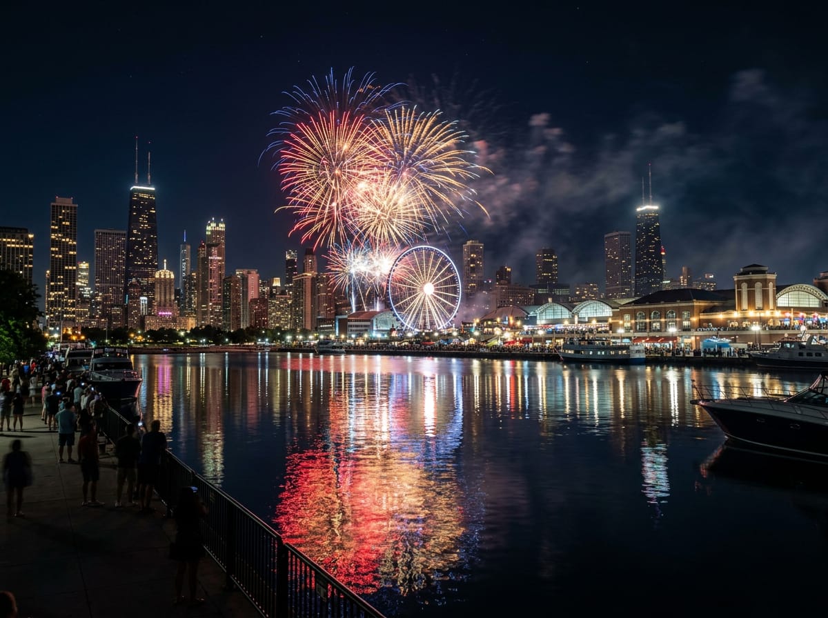 Colorful fireworks exploding over Lake Michigan at night with Chicago's Navy Pier lit up below.