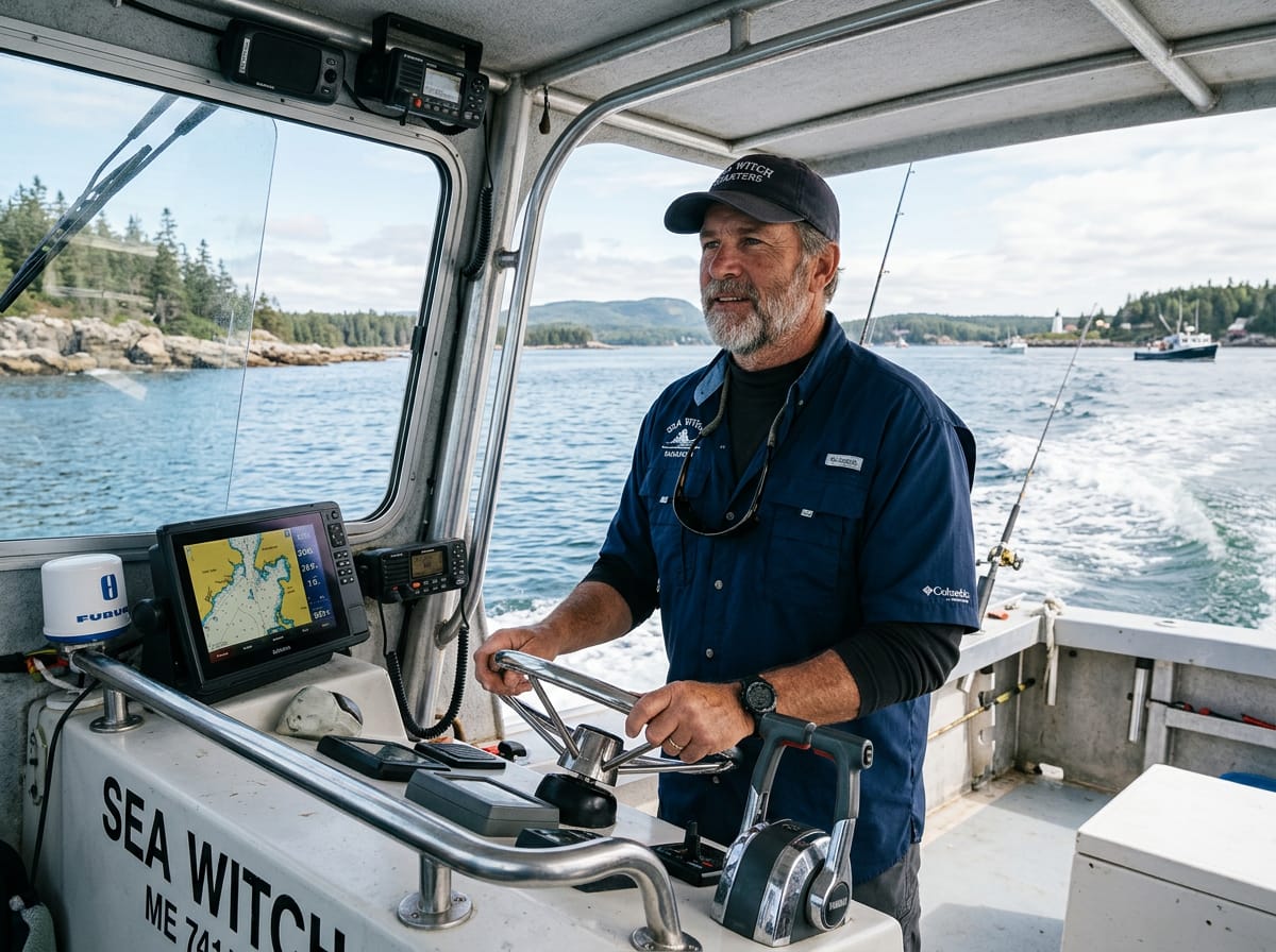 A licensed charter captain at the helm of a small fishing boat on coastal waters.