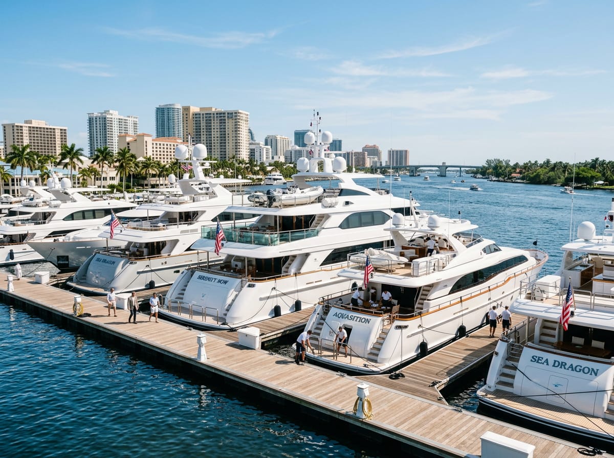 Rows of luxury yachts docked at a Fort Lauderdale marina on a sunny day.