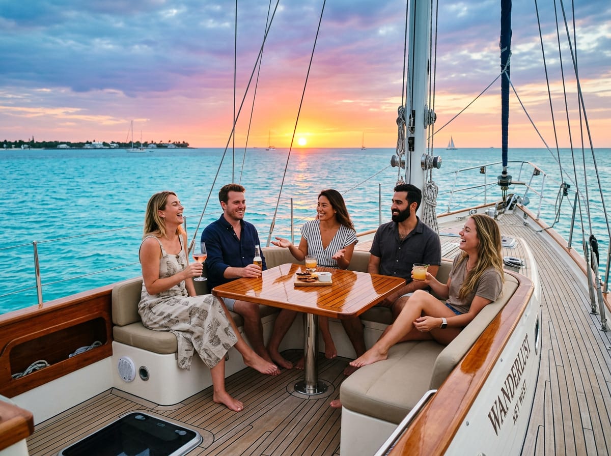 A group of friends relaxing on a private yacht deck with Key West's turquoise waters in the background at sunset.