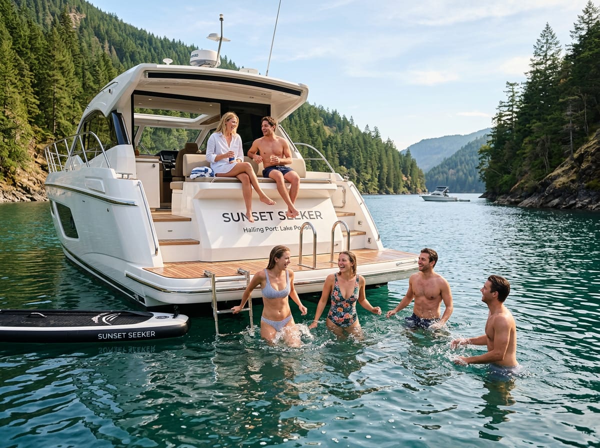 Friends swimming off the back of a yacht anchored in a calm lake cove on a sunny afternoon.