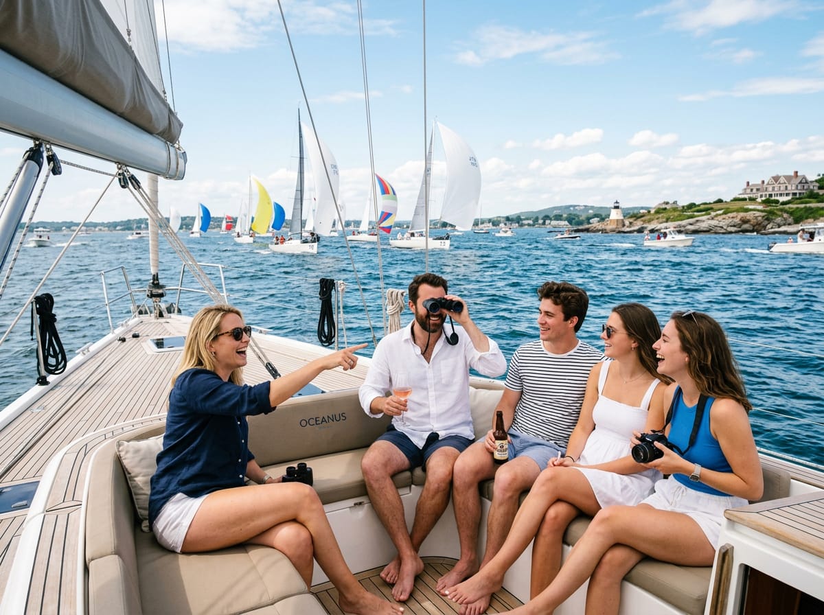 A group of friends aboard a charter yacht watching a sailboat regatta from the water on a sunny summer day.