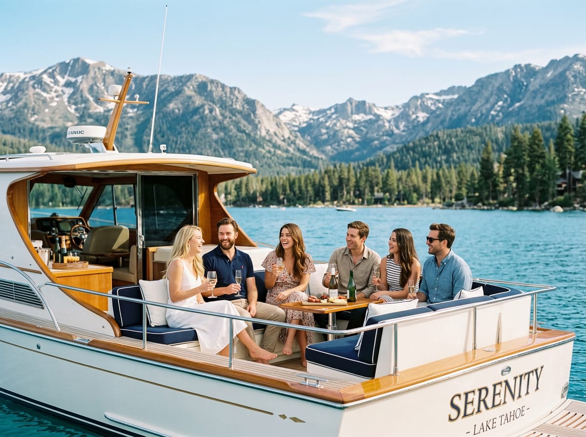 A group of friends relaxing on a chartered yacht with Lake Tahoe's Sierra Nevada mountains in the background.