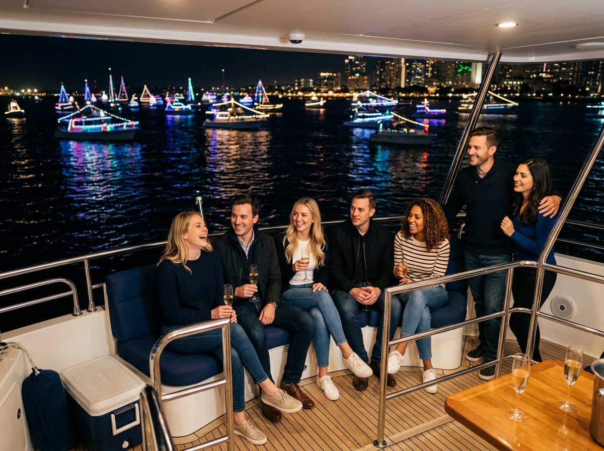 A group of friends on a private charter yacht watching a lighted boat parade from the water at night.