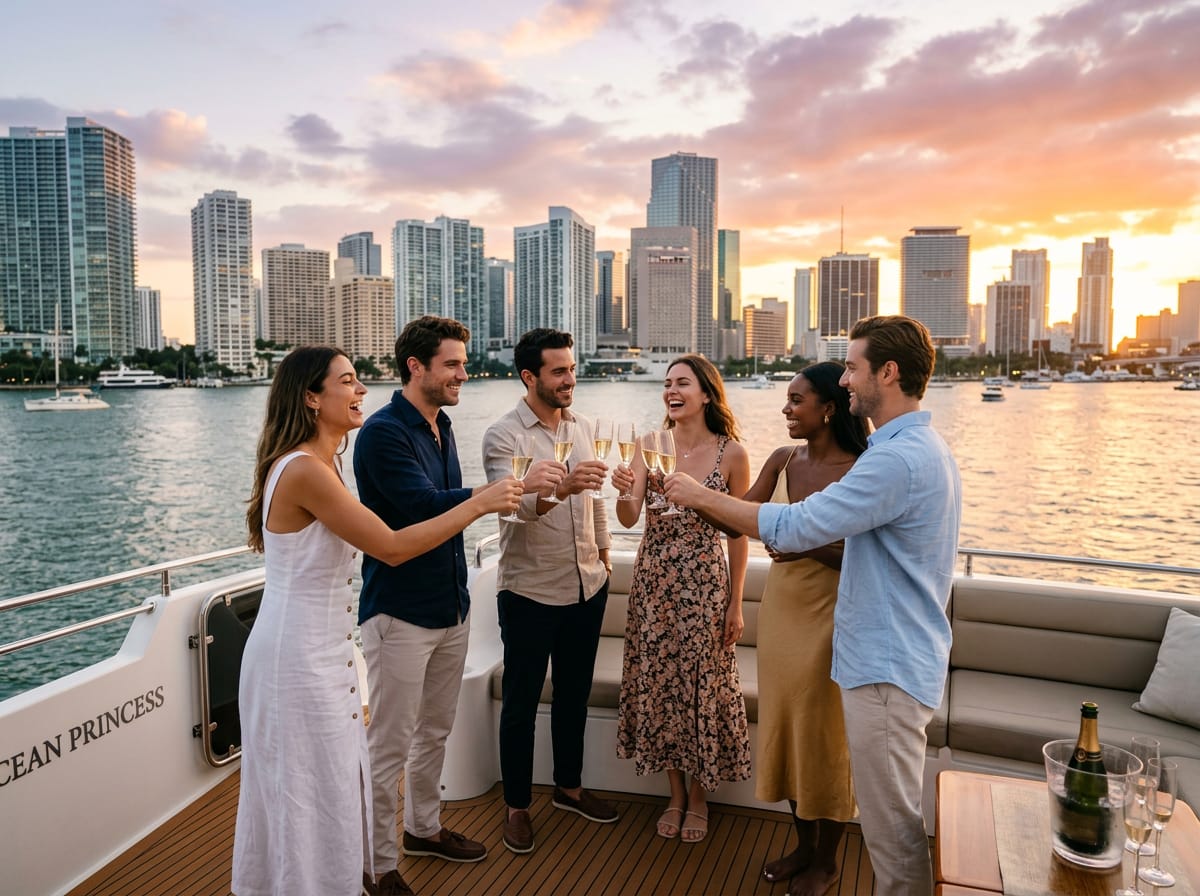 Friends raising champagne glasses on a private yacht deck as the Miami skyline glows at sunset.
