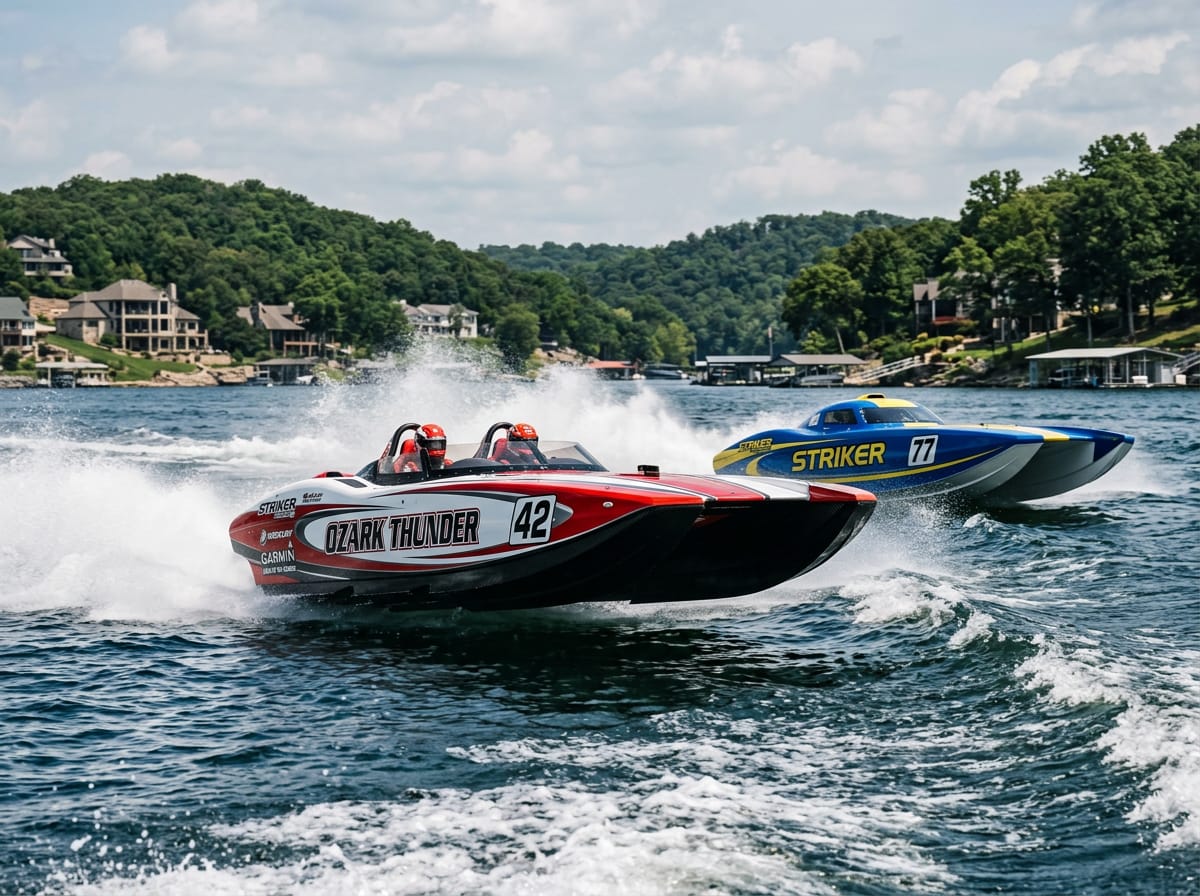 A high-performance powerboat blasting across the Lake of the Ozarks at over 200 mph during the Shootout.