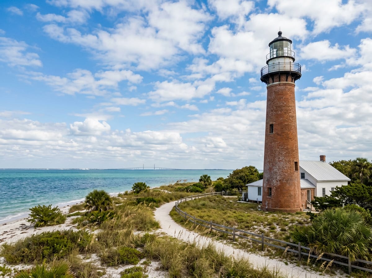 The historic Egmont Key lighthouse stands on a quiet barrier island at the mouth of Tampa Bay.