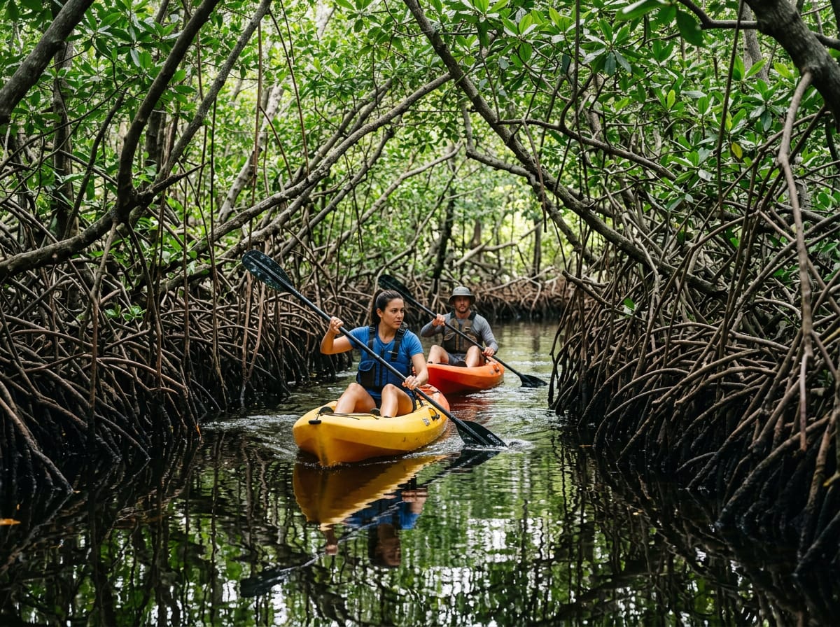 Kayakers paddling through narrow mangrove tunnels at Oleta River State Park in South Florida.