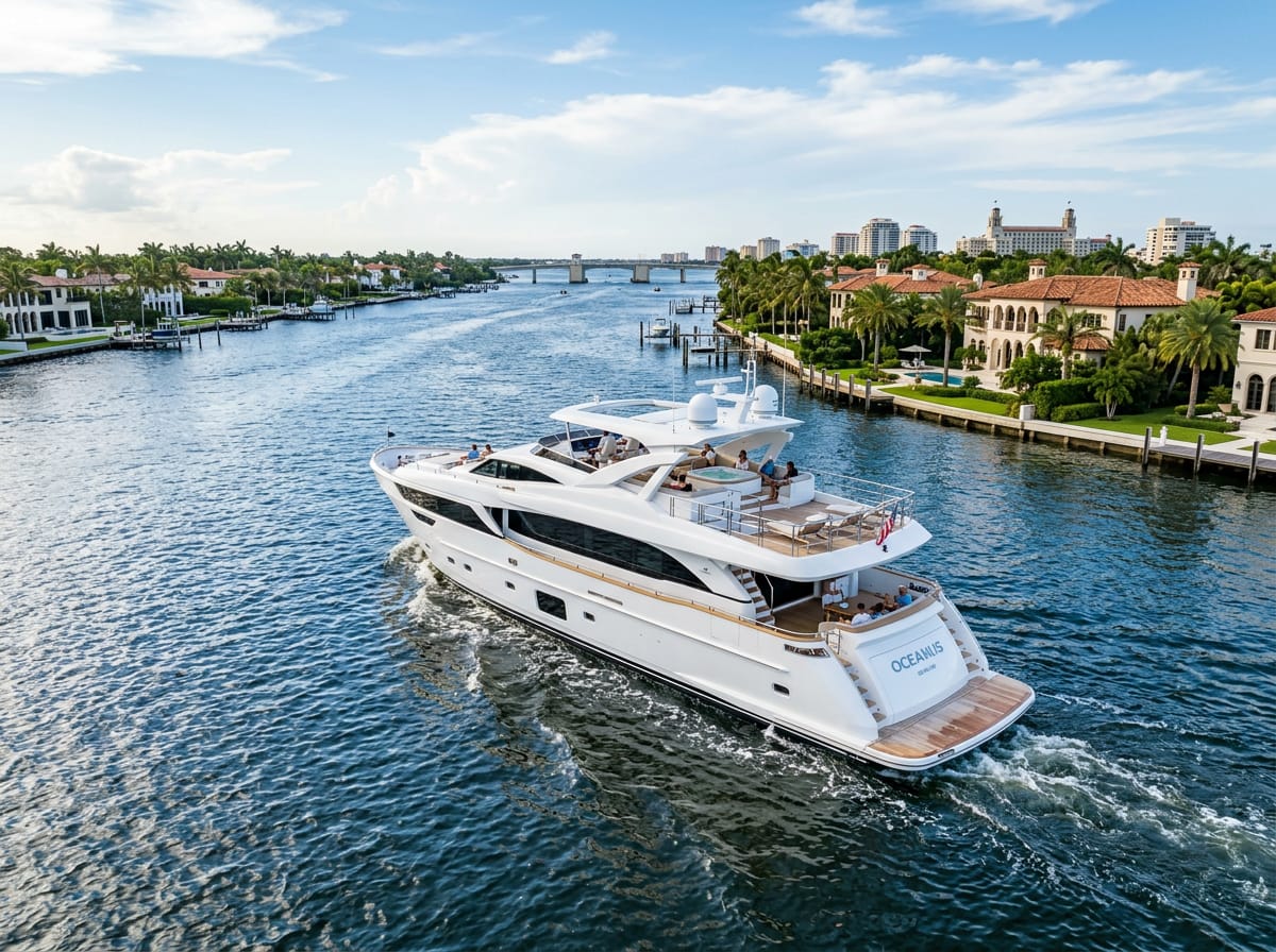 A luxury motor yacht glides along the Palm Beach Intracoastal Waterway on a clear day.