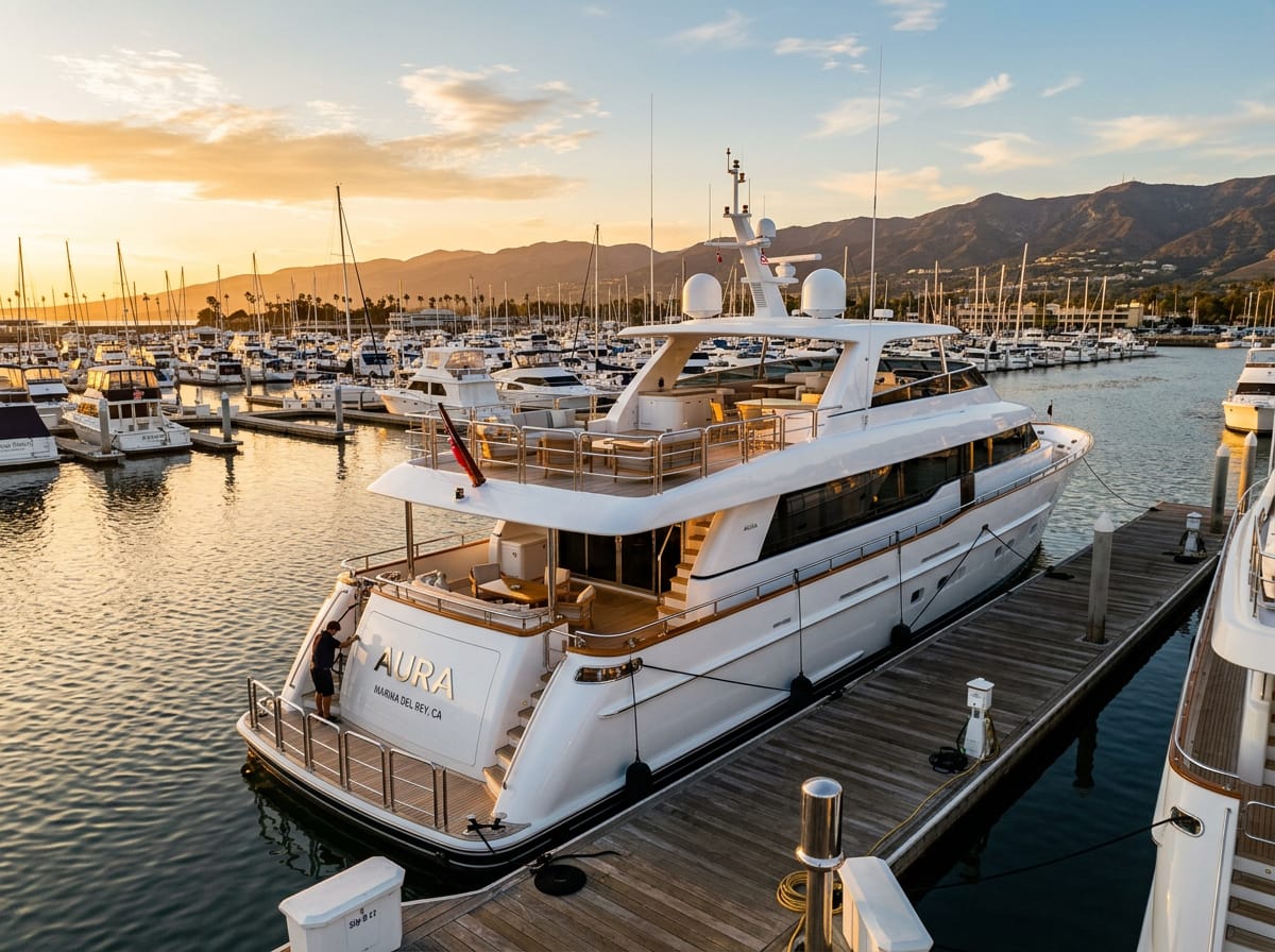A luxury motor yacht moored at a Marina del Rey slip during golden hour.