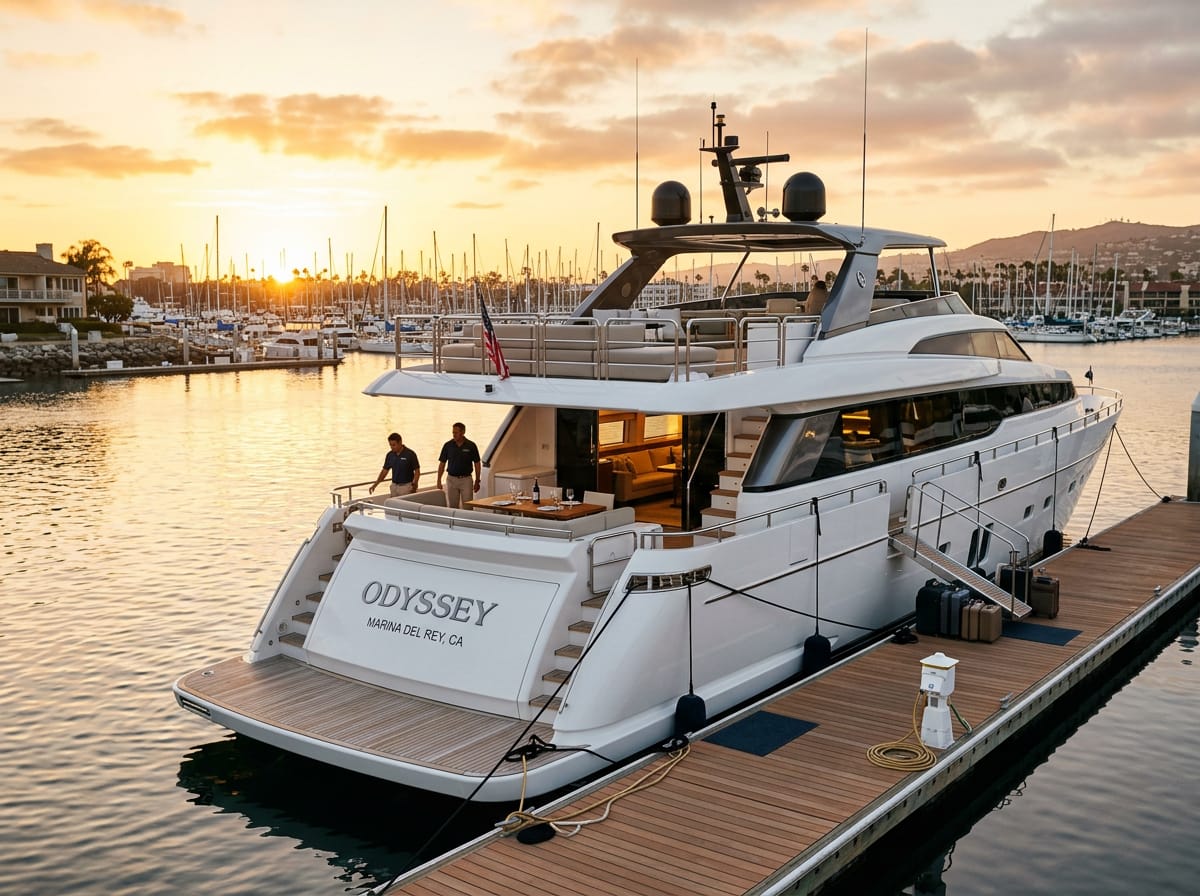 A luxury motor yacht moored in Marina del Rey harbor at golden hour with the Los Angeles skyline in the distance.