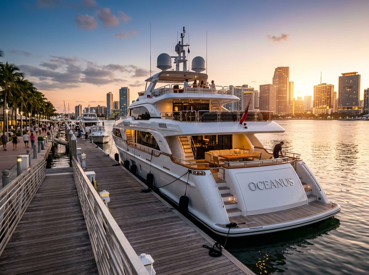 A large motor yacht moored at a Miami marina during golden hour, ready for charter.