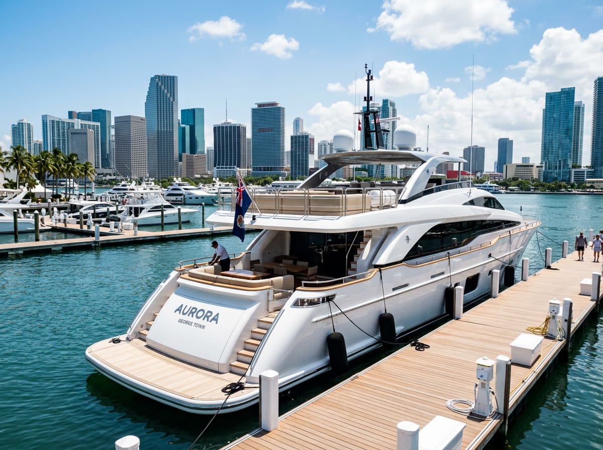 A luxury motor yacht moored at a Miami marina on a clear sunny day.