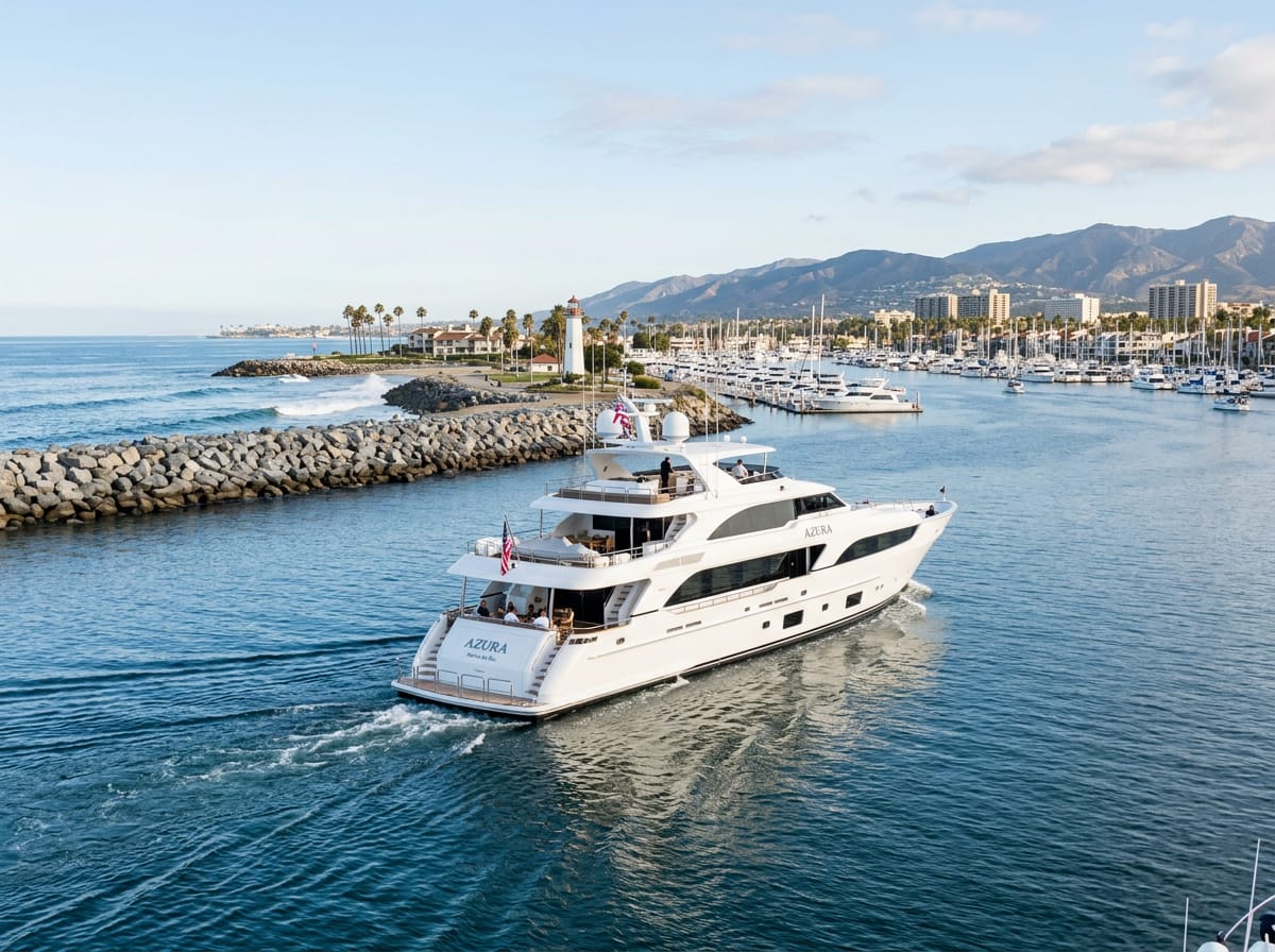 A luxury motor yacht departing Marina del Rey harbor on a clear California morning.