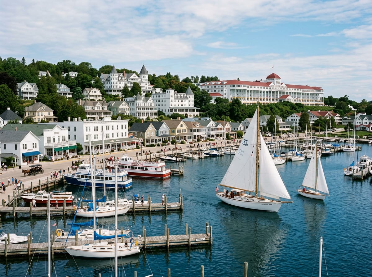 Sailboats arriving at Mackinac Island harbor with Victorian-era buildings visible along the waterfront.