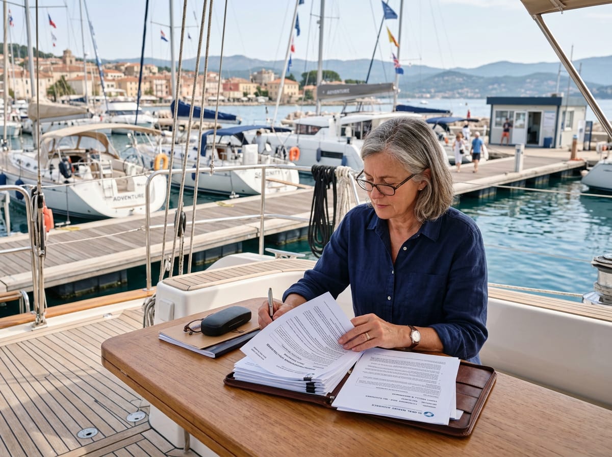 A yacht owner reviewing commercial marine insurance documents at a marina office desk.
