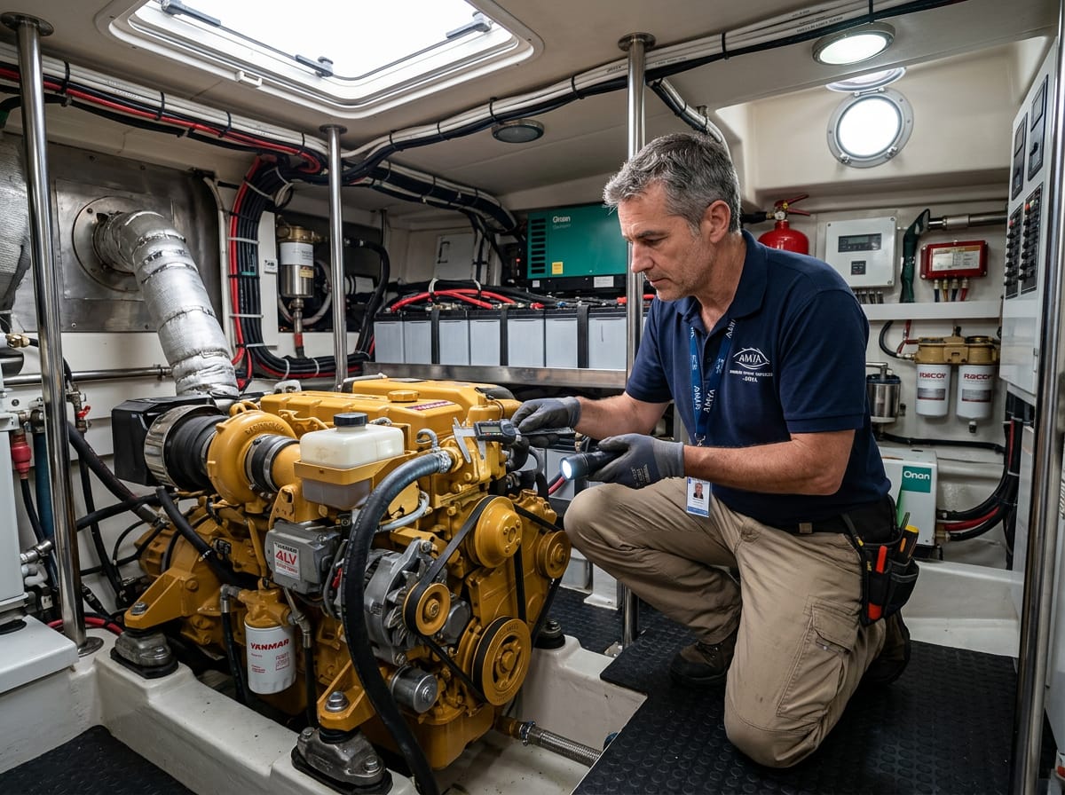 A marine surveyor examines the engine room of a yacht during a pre-insurance inspection.