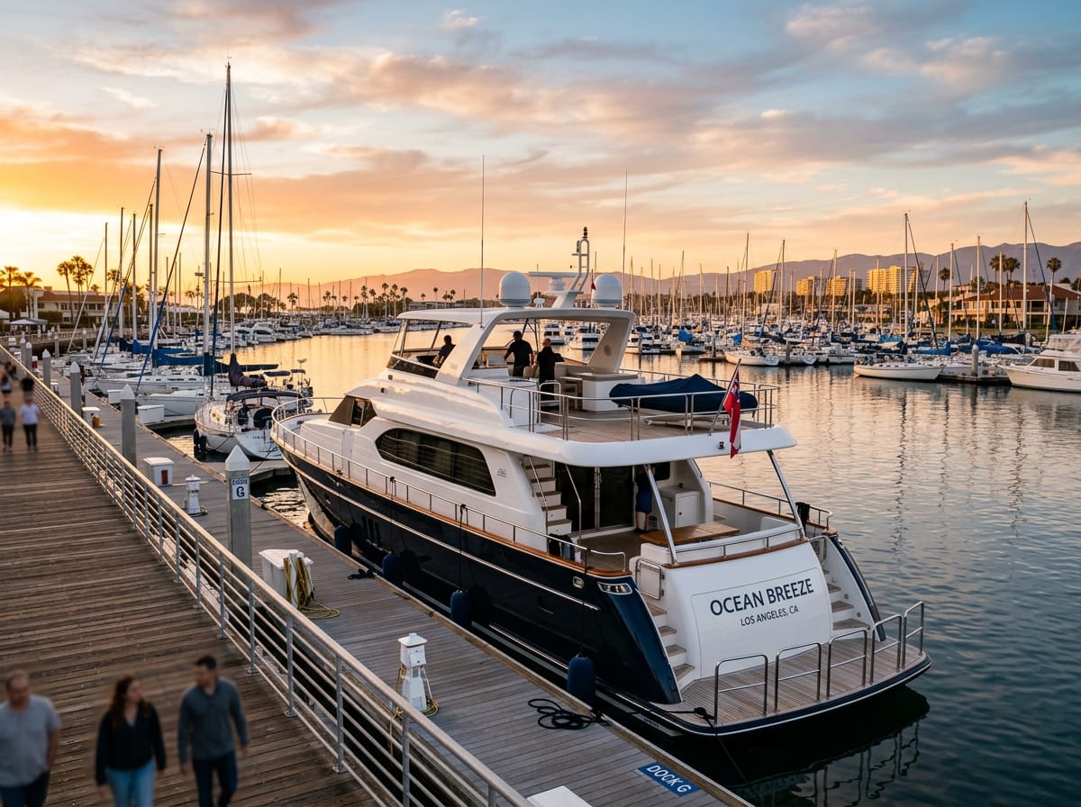 A motor yacht moored at a Marina del Rey slip during golden-hour light.