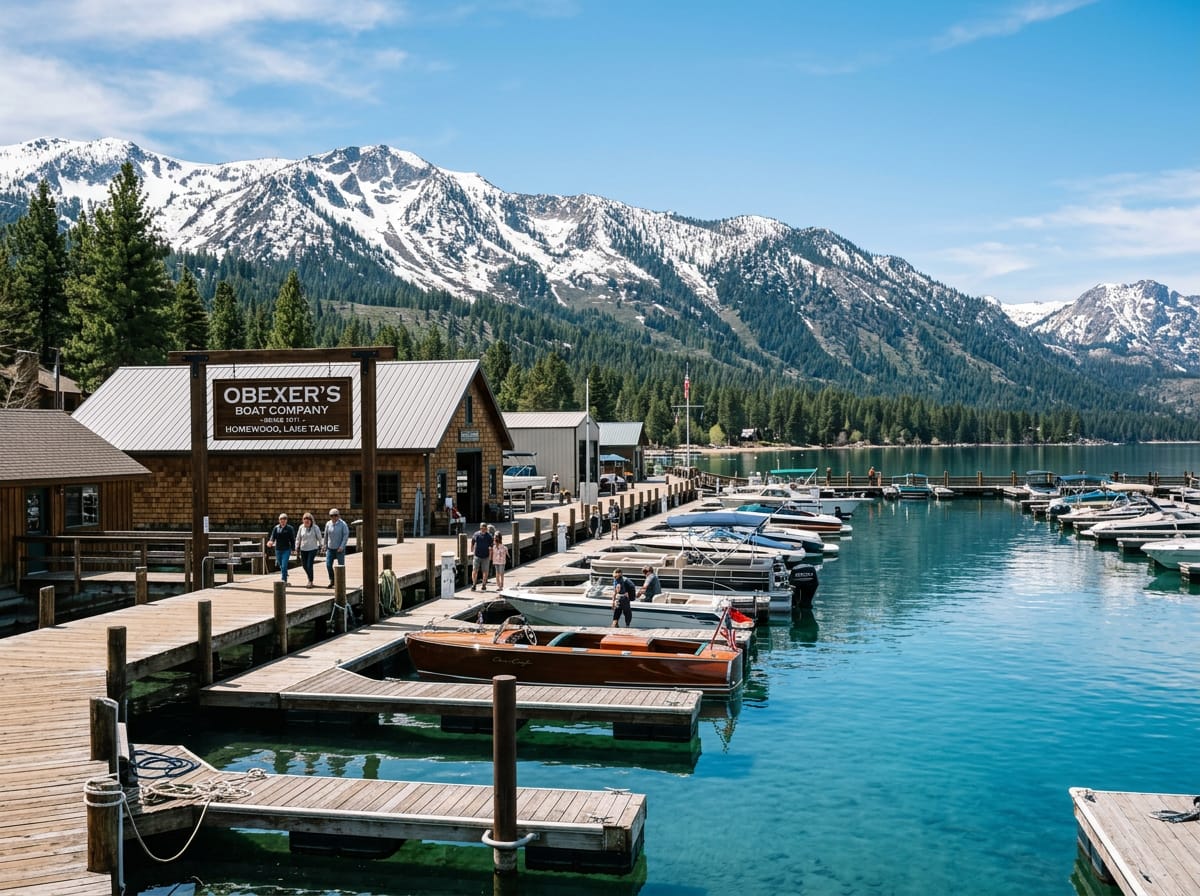 The historic Obexer's Boat Company marina on Lake Tahoe's West Shore with Sierra Nevada mountains in the background.