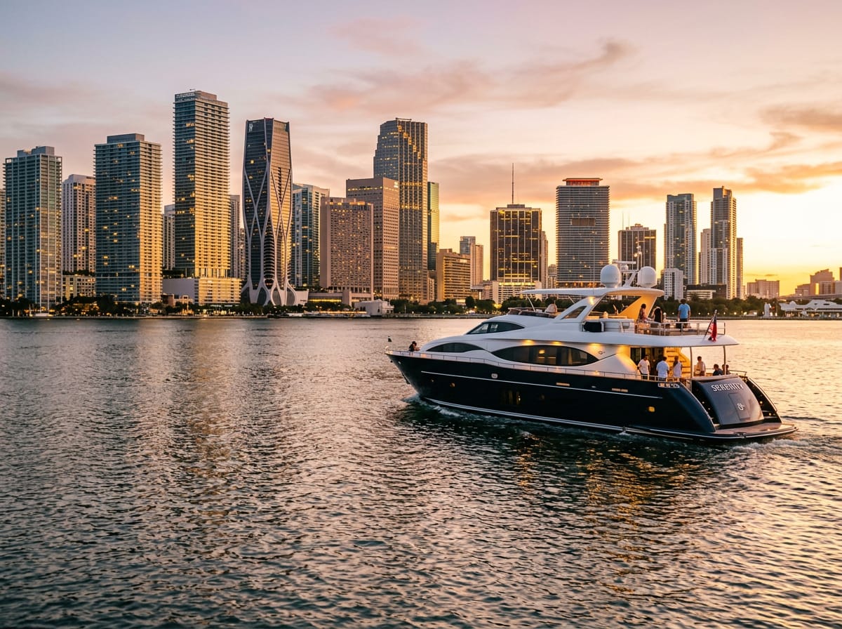 A private motor yacht glides across Biscayne Bay with the Miami skyline reflecting warm golden light.